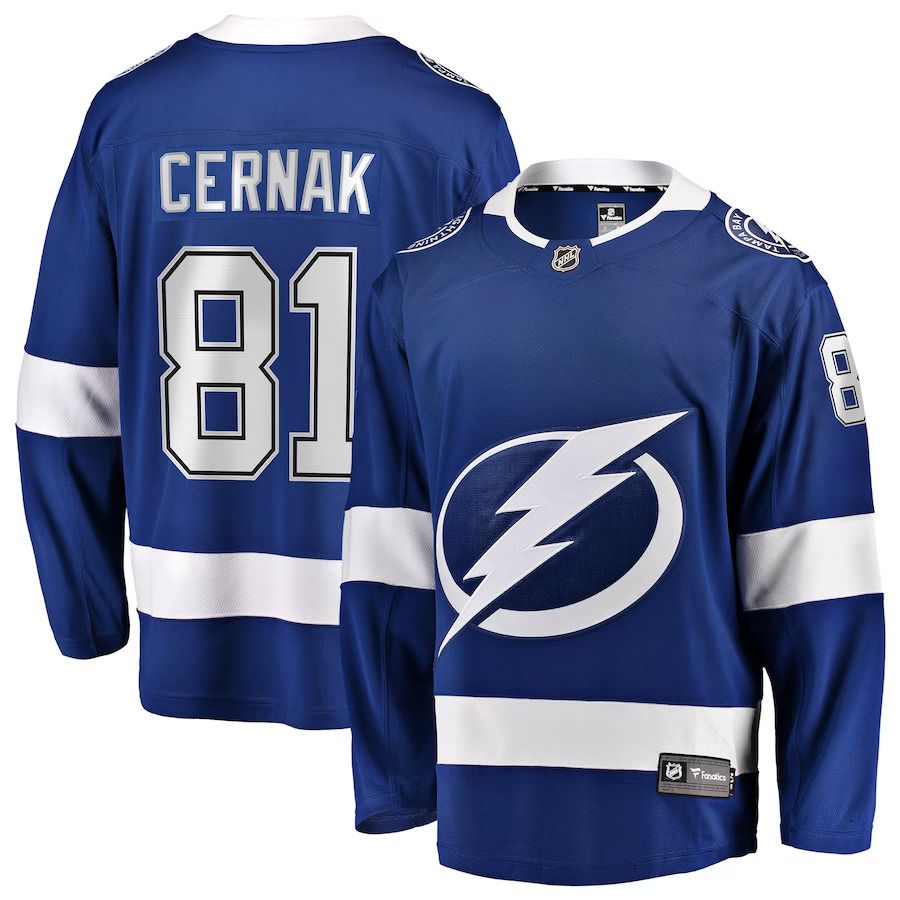 Men Tampa Bay Lightning #81 Erik Cernak Fanatics Branded Blue Home Breakaway Player NHL Jersey